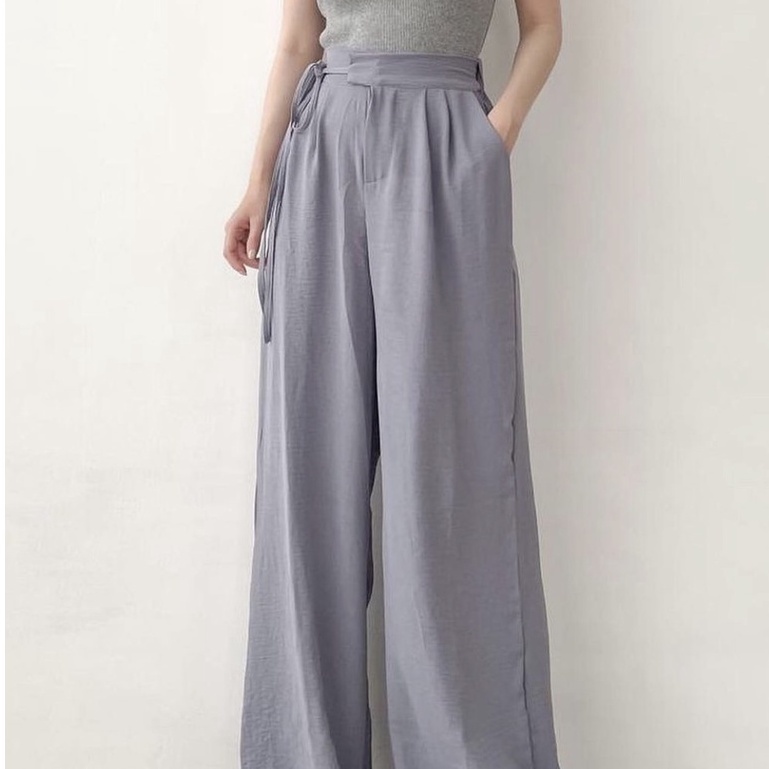 Celana Kulot Highwaist Linen - Celan Panjang 100 cm Oversize Tali Pita Korean - Bawahan Wanita