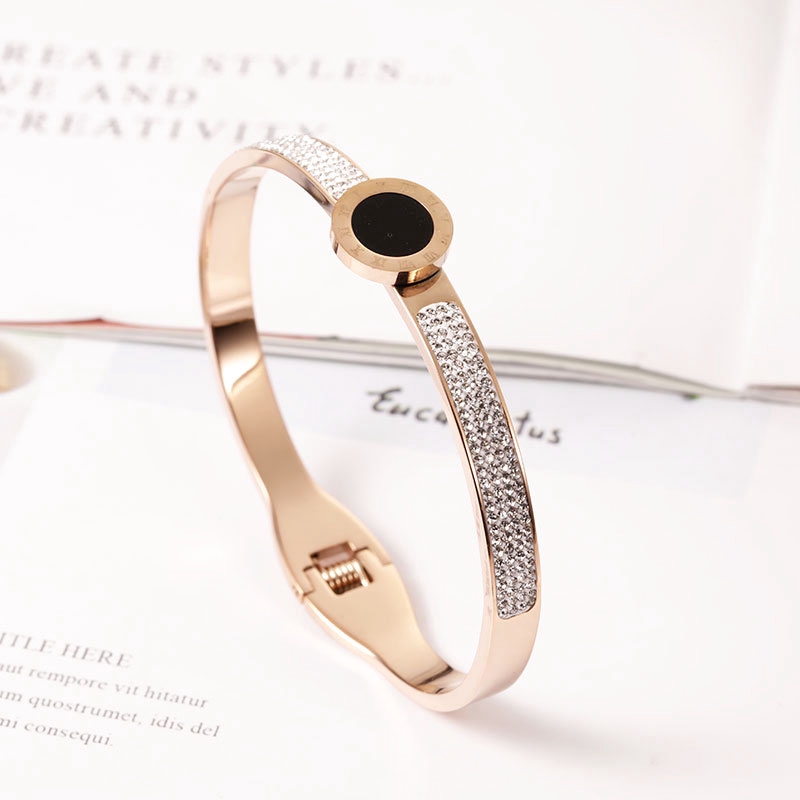 Titanium Gelang Tangan Wanita Premium Bracelet Anti Karat Berlian Emas 18K Bulat Angka Romawi Ala Bangle-5