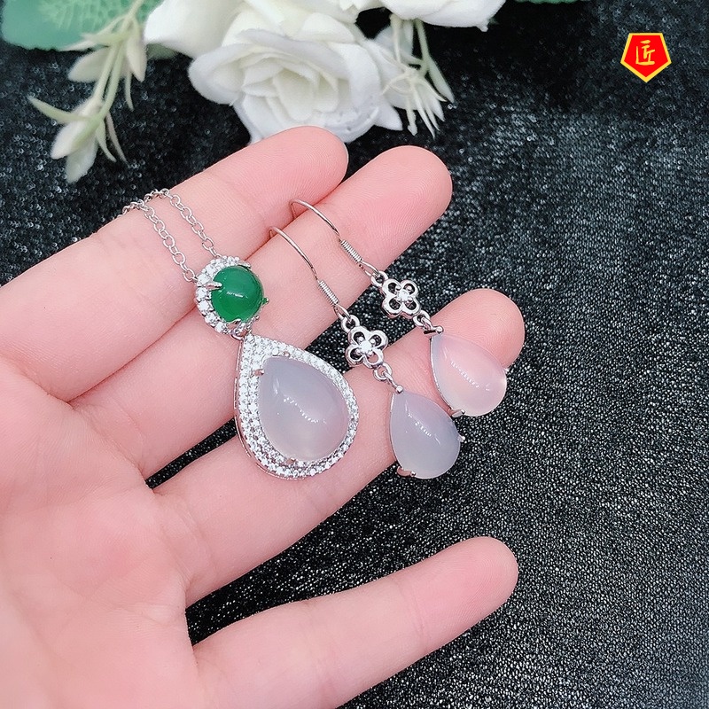 [Ready Stock]Inlaid Natural White Chalcedony Necklace Earrings Open Ring