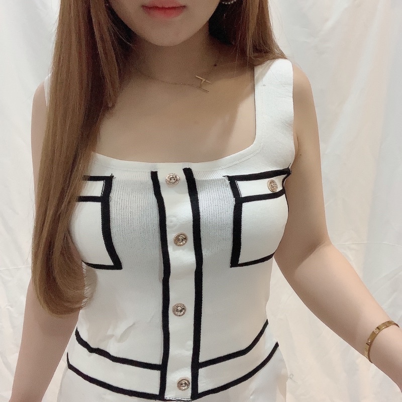 Korean Button Square Neck Knit Tank Top Import | Knit Pocket List | Tanktop Wanita Sexy Korea Fashion | Maimon Grosir