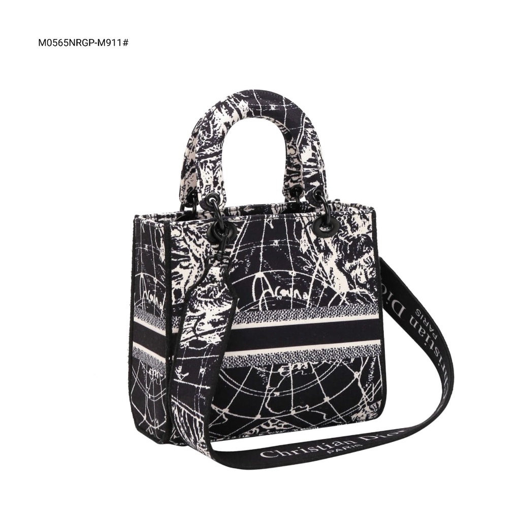 Lady Medium D-Lite Black White Around The World Embroidery Handbag M0565NRGP-M911