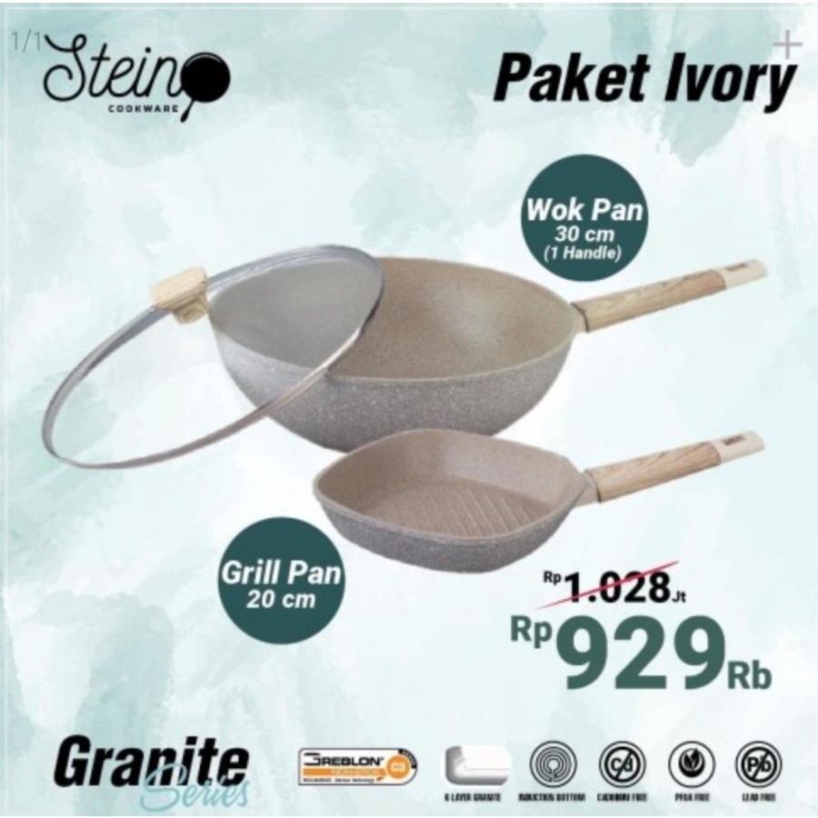 Stein Steincookware Paket Ivory Wok Pan 30 + Grill Pan 20