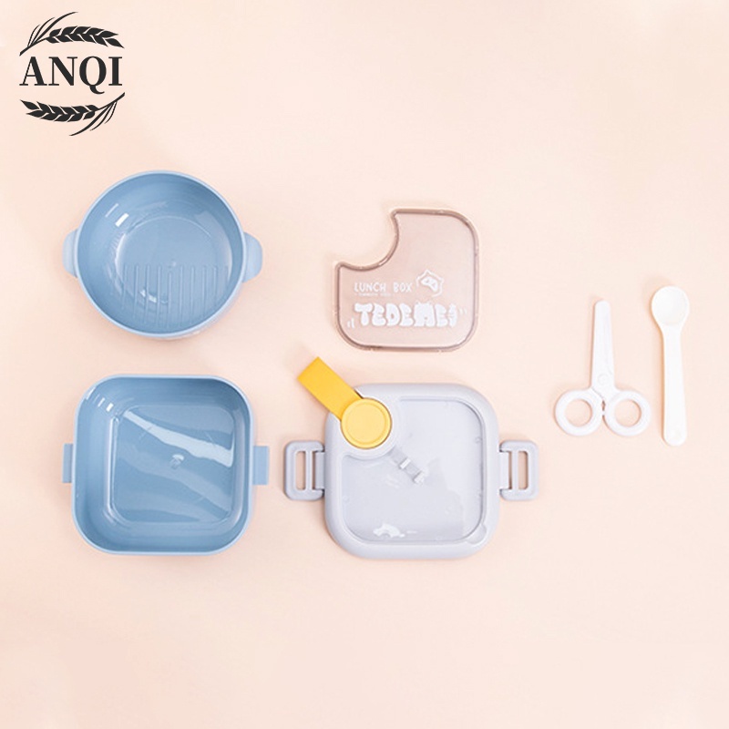 ANQI 1888 4 Pcs Lunch Box Set /2 Kotak Makan/Free Sendok/Anak Anti Bocor Kotak Makan VS-79