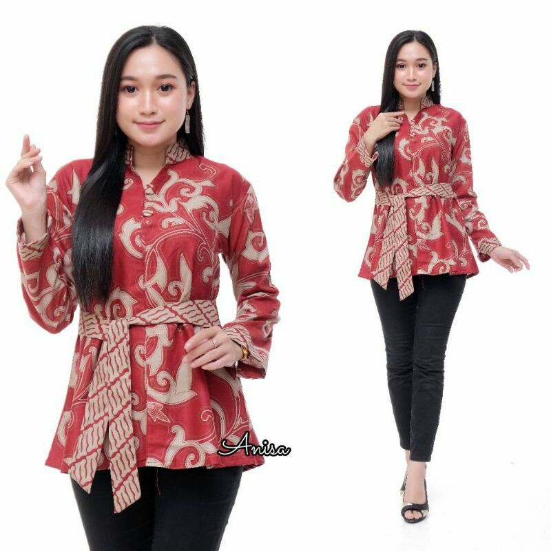 tey-17 Batik Wanita ASJ SA HRB026 Kenongo Kemeja Tosca Pendek-Blus Talping Merah