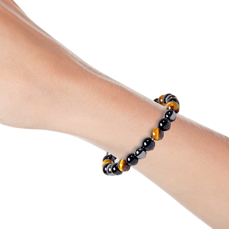 Gelang Manik-Manik Batu Obsidian Mata Harimau Hematite Warna Hitam Ukuran 8 / 10mm Untuk Pria Dan Wanita