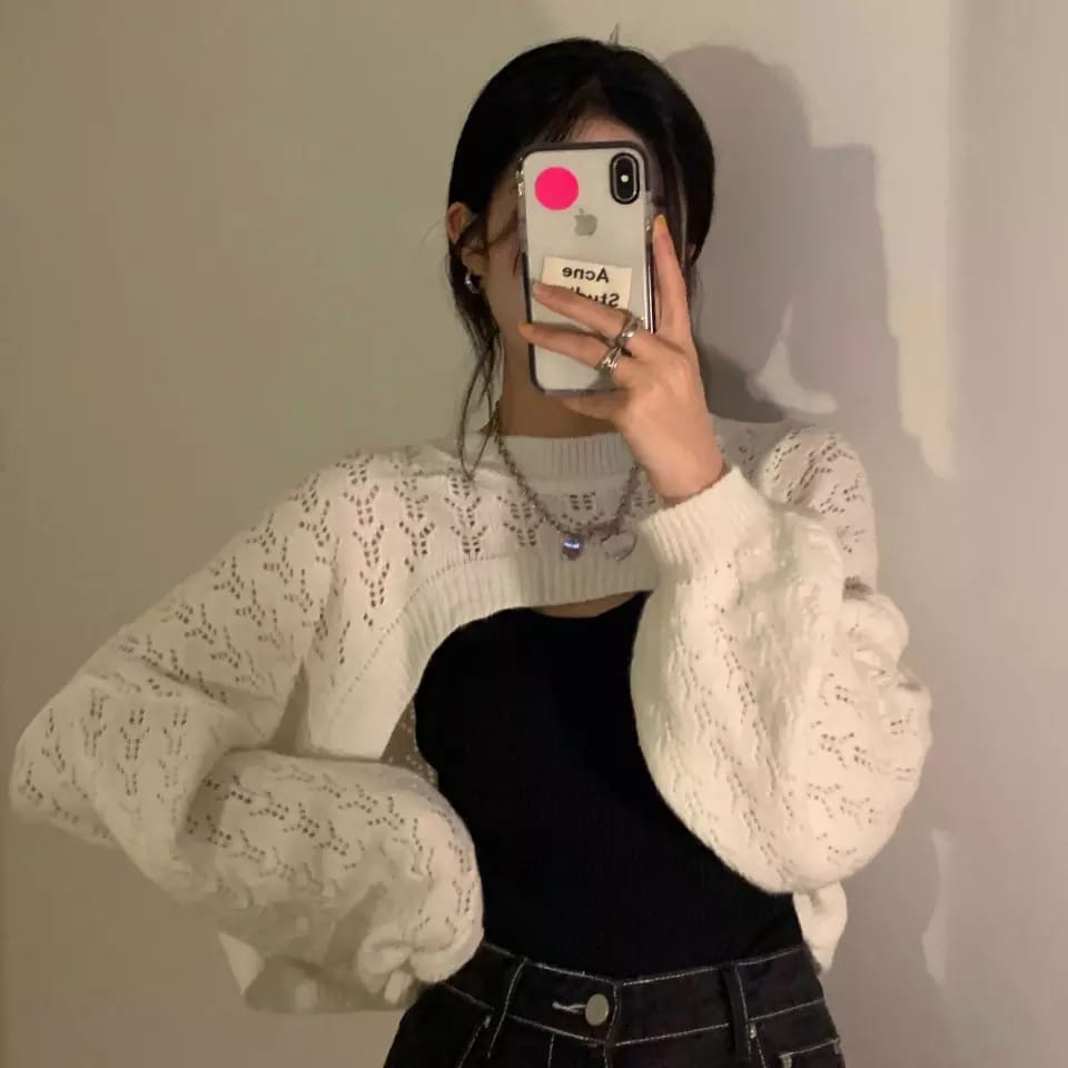 Fashion Sederhana Rajutan Padat Lengan Panjang Hollow Short Pullover Wanita Sweater Rajut Jatuh Crop