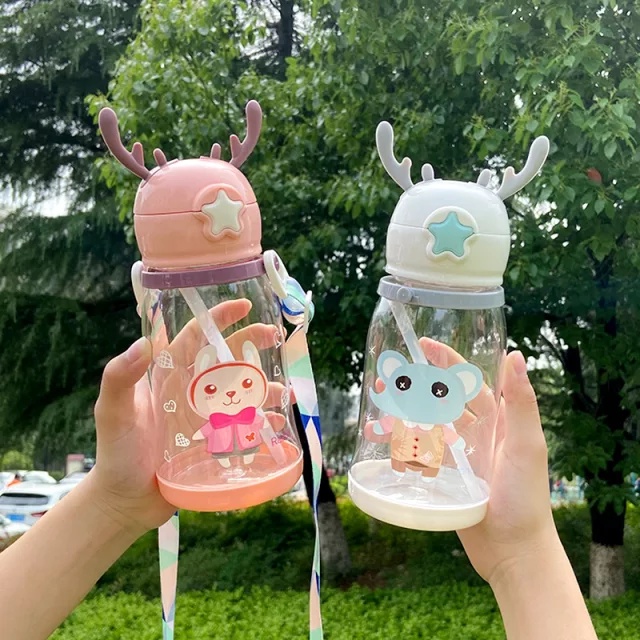 Botol Minum Sedotan Anak TK SD Tanduk Rusa Unicorn Botol Minum Tali Sedotan Anti Tumpah 700 ml
