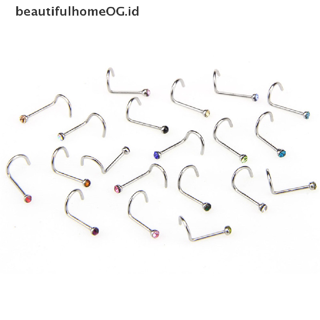 20pcs / Set Cincin Tindik Hidung Bahan Stainless Steel Hias Kristal Berlian Imitasi