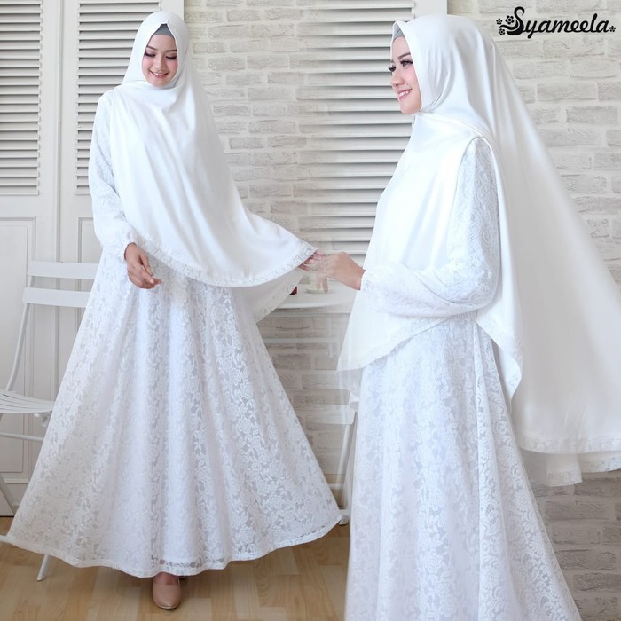 Setelan Gamis Putih Syari White Brocade Baju Umroh Gamis Brukat Tile Exclusive