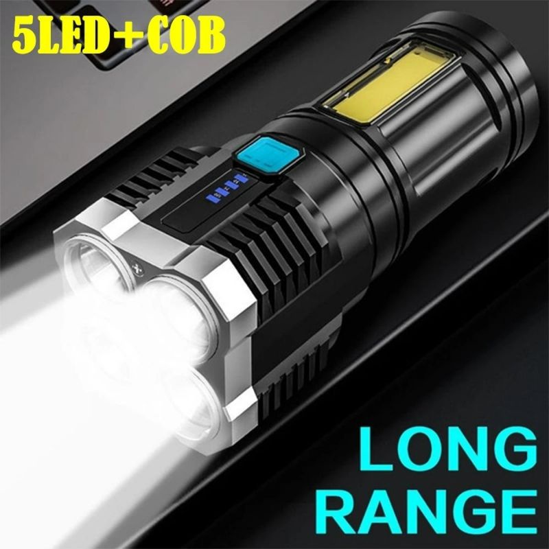 4mode Senter Tahan Air Bertenaga USB 5LEDS COB Flash Portable Emergency Lampu Genggam Kuat Terang Lumen Tinggi Untuk Hiking, Camping, Survival,