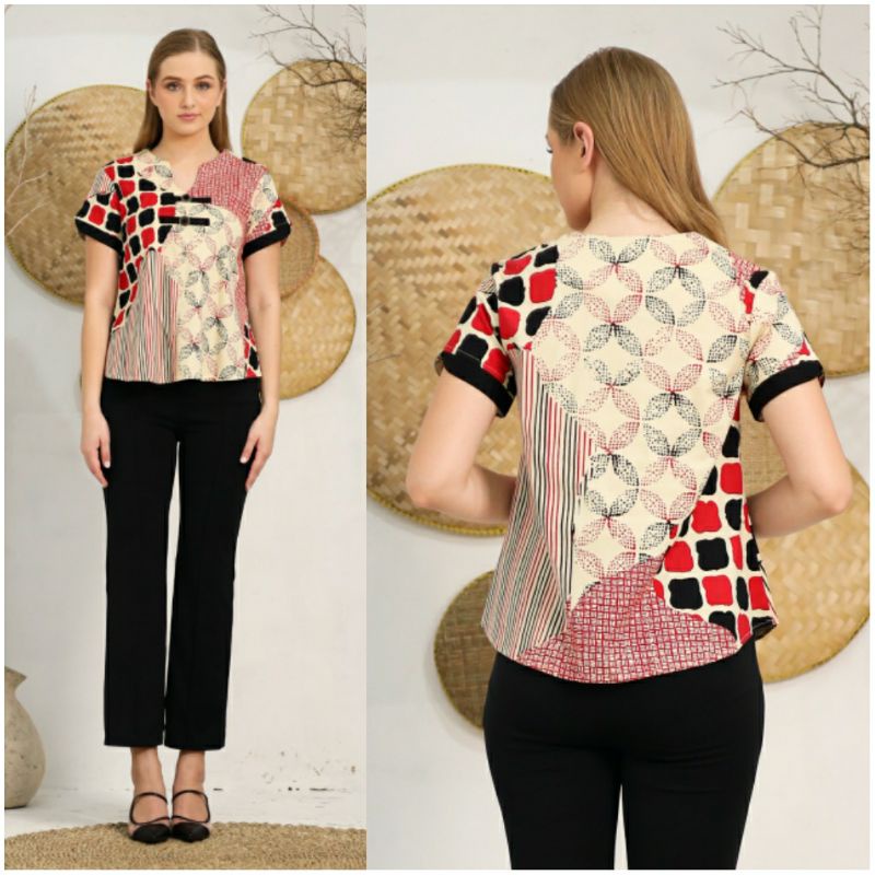 Atasan Blouse Batik Wanita Lengan Pendek Bahan Katun Stretch, 208 AAN / 208 SMP#-3
