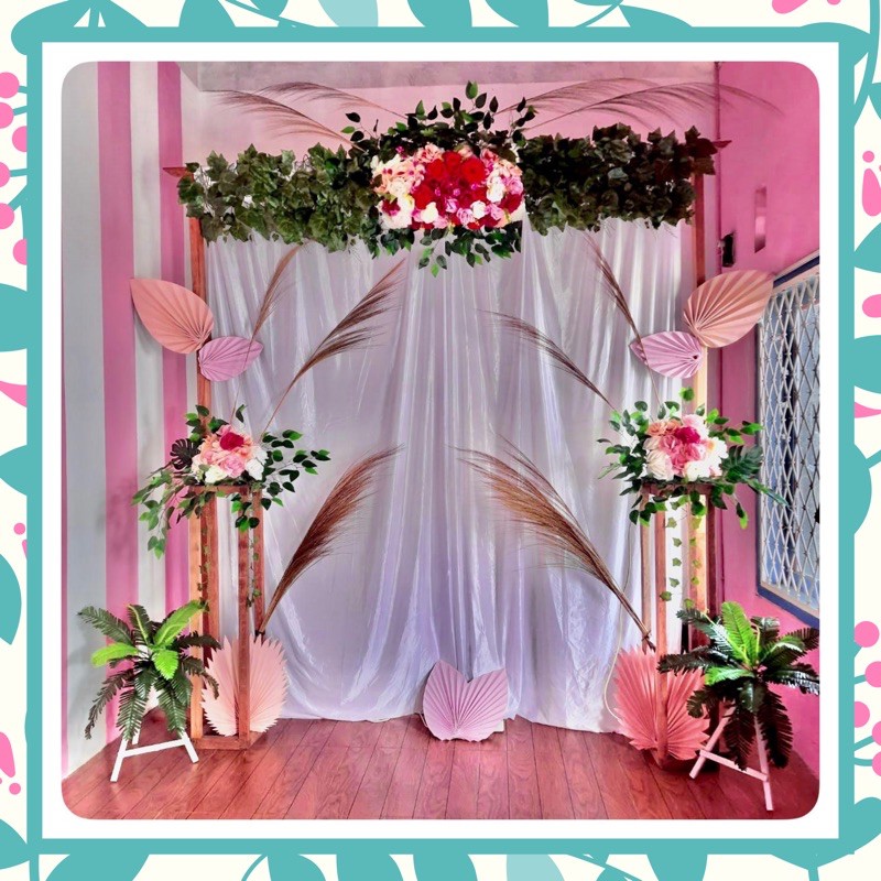 Paket Usaha Backdrop Background lamaran Terlengkap termurah tiang gawang kain bunga daun TERLARIS