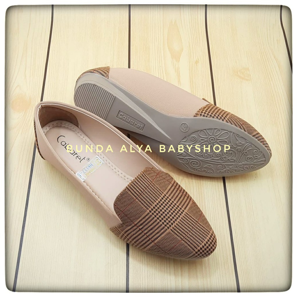 Sepatu Wanita Slipon Flatshoes CABARET Premium COKLAT Size 37 - 40  - Sepatu Sepatu Flatshoes Motif Tartan