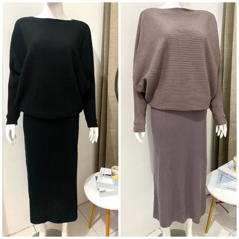 One Set pashion wanita oversize Batwing rajut + Rok rajut premium