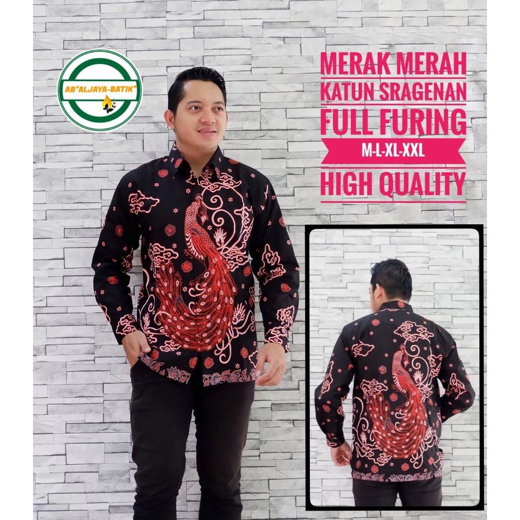 Kemeja Batik Warna Merah Batik Eksklusif Motif Merak Merah Batik Lengan Panjang Merah Lapis Furing