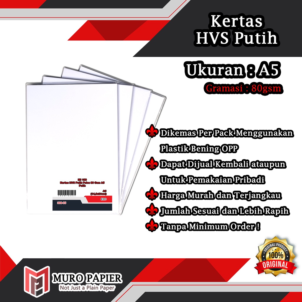 

( PER PAK - ISI 100 ) Kertas HVS Putih Polos 80 gsm A5 by Muro Papier