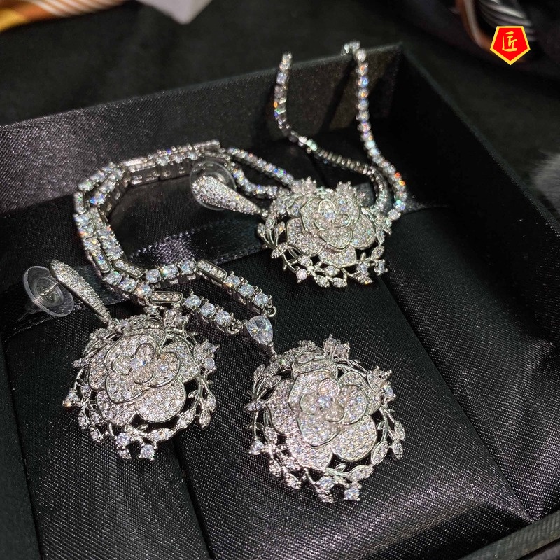 [Ready Stock]Hollow-out Exquisite Necklace Camellia Stud Earrings Ring Set