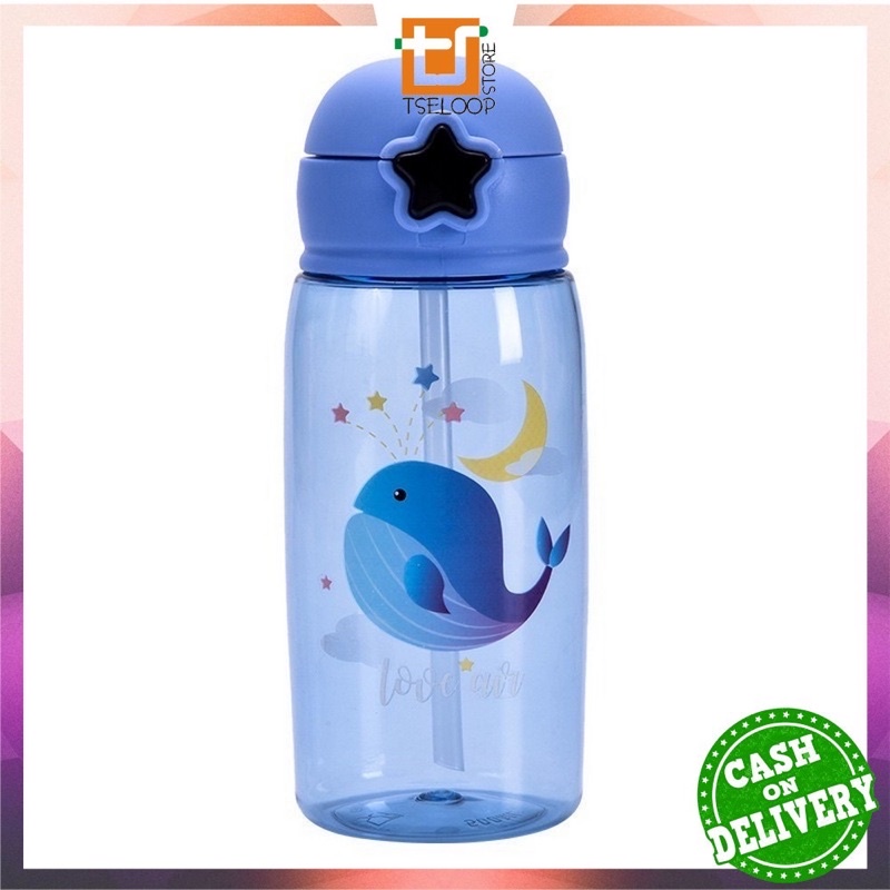 Botol Air Minum 520ML Tombol Bintang / Botol Minum Anak Lucu Motif Karakter Imut dengan Sedotan BPA FREE