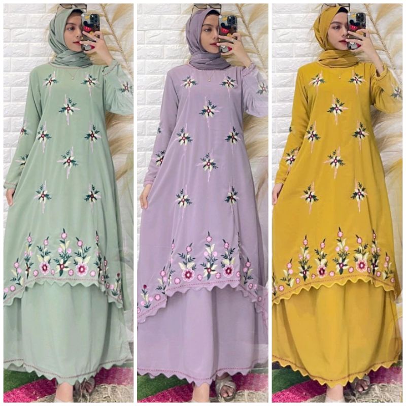 Gamis Melayu Bordir Bunga Premium Modelan Runcing Dress Bordiran Terbaru Seragaman Lebaran Acara Kel