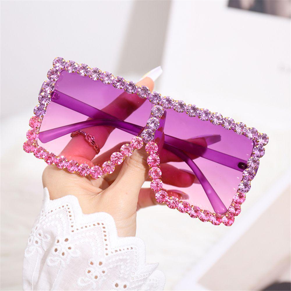 R-flower Square Sunglasses Uv400 Flat Top Wanita Pria Kacamata Berlian Imitasi