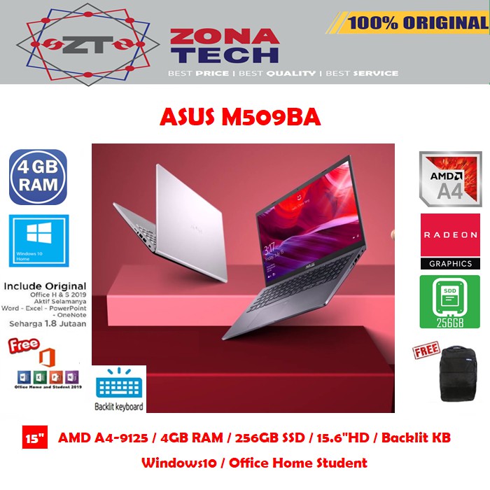 LAPTOP ASUS M509BA HD421 HD422 - AMD4-9125 - 4GB - 256GB - BACKLIT KB - 15.6" - WIN10 - OFFICE