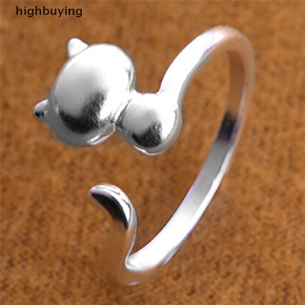 Hbid Cincin Terbuka Adjustable Lapis Silver Model Kucing Untuk Wanita