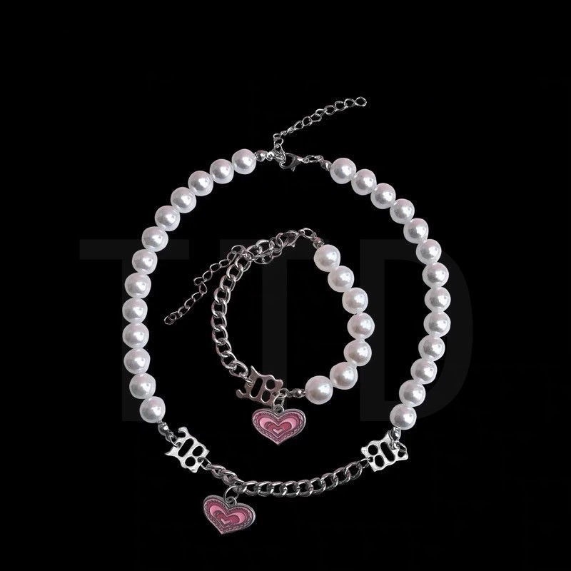Y2K Fashion Girl Love Pearl Chain Bracelet Necklace Pink Love Heart Clavicle Chain