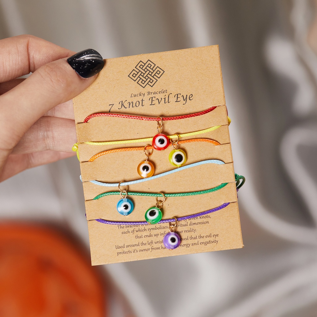 6 pack Gelang Rajut adjustable Desain evil eye Warna Biru Pelangi Untuk Pasangan