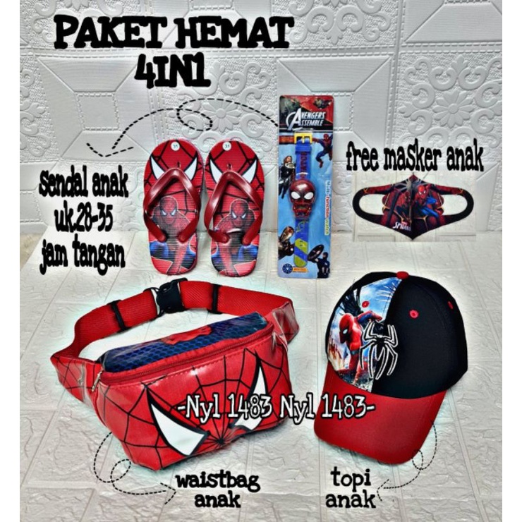 Paket Hemat 4in1 tas Waistbag anak laki-laki karakter superhero / free topi/ jam/ sandal