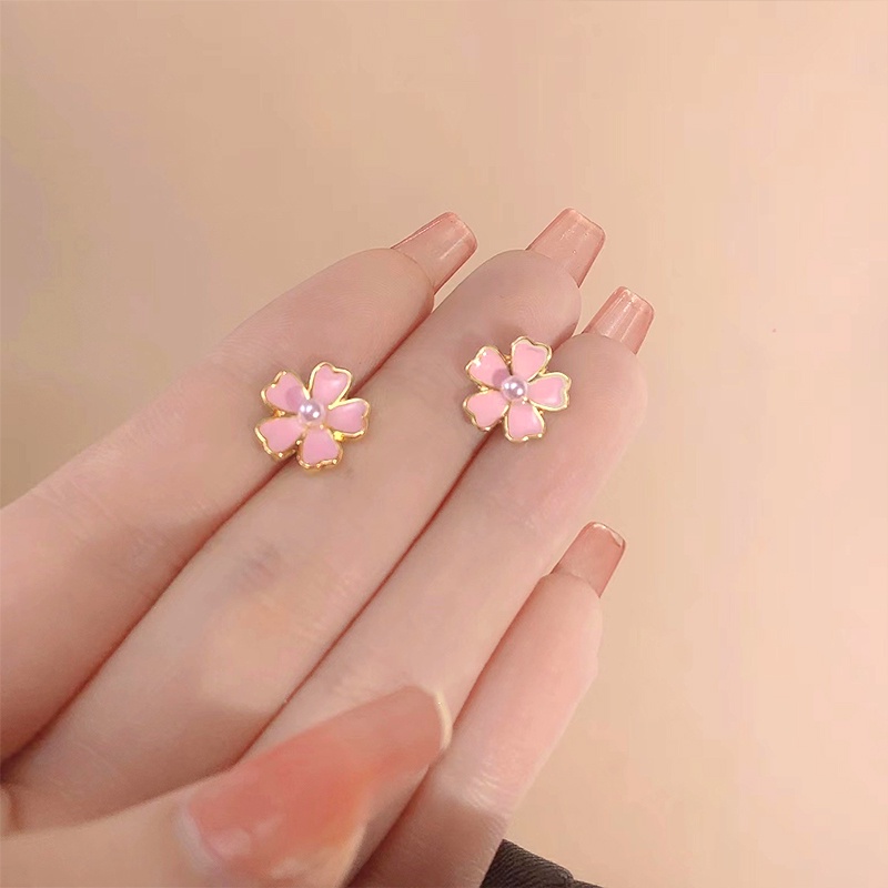 Anting Tusuk Gantung Desain Bunga Hias Mutiara Warna Pink Gaya Simple / Pelajar / Sexy Untuk Wanita