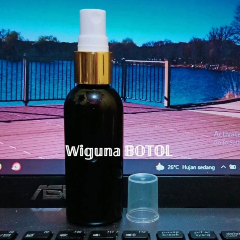 Botol Spray 60ml Hitam / Botol PET 60ml Hitam Tutup Spray Ring Alumunium gold