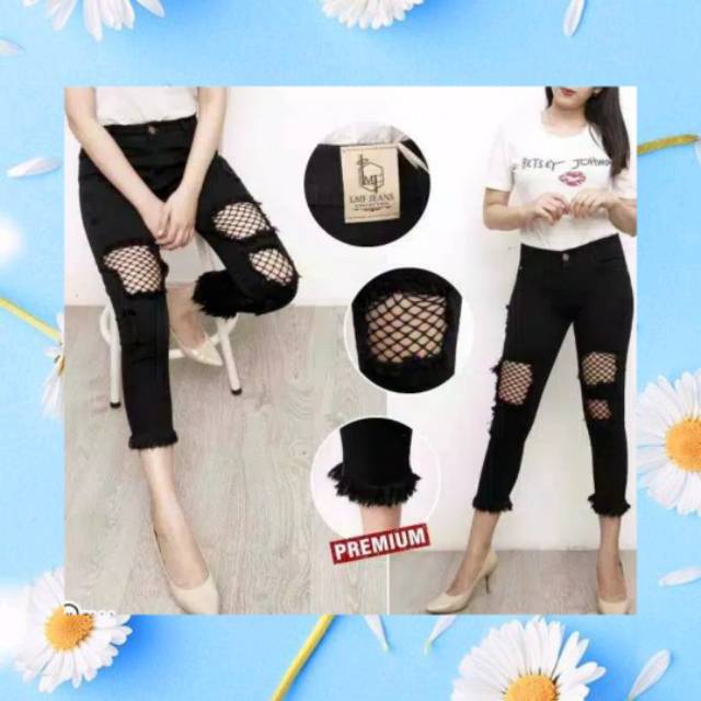 Celana Jeans HW softjeans cewek Wanita Sobek Jaring Hitam Celana Jeans HW softjeans cewek Wanita Sobek Jaring Hitam