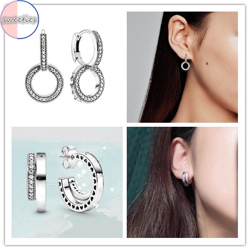 1 Pasang Anting Stud 925 Silver Bentuk Lingkaran Ganda Aksen Berlian Imitasi Untuk Wanita