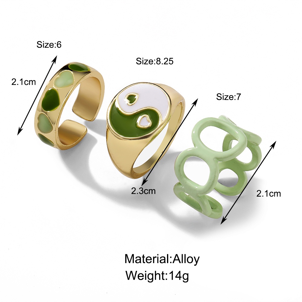 3 pcs set Cincin Tai Chi Hijau Ins Fashion untuk Wanita Fashion Perhiasan Aksesoris