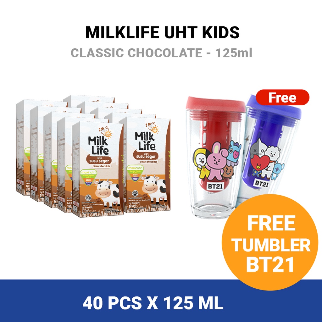 MilkLife Classic Cokelat - UHT Kids [40 pcs/Tetra Slim Leaf 125 ml] - FREE INFUSED WATER TUMBLER BT2