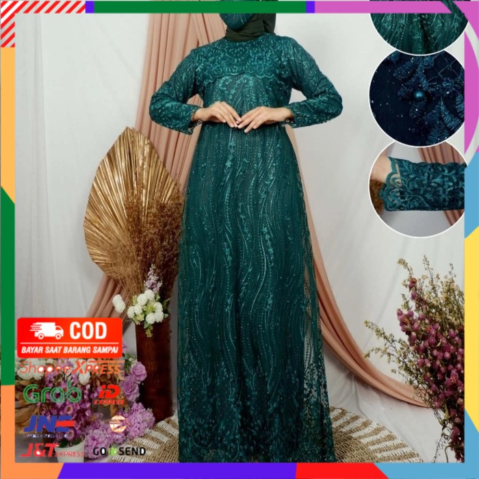 ✨ BISA COD ✨ Kebaya Gamis Rample Tille Brokat Modern Baju Seragaman Pesta Kondangan - HIJAU BOTOL, M