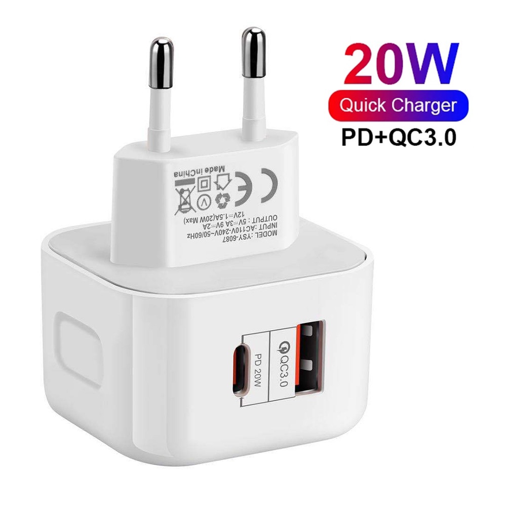 Adapter Power Charger Dinding 2 Port USB-C QC3.0 Tipe C 20W Fast Charging Untuk Iphone / Android