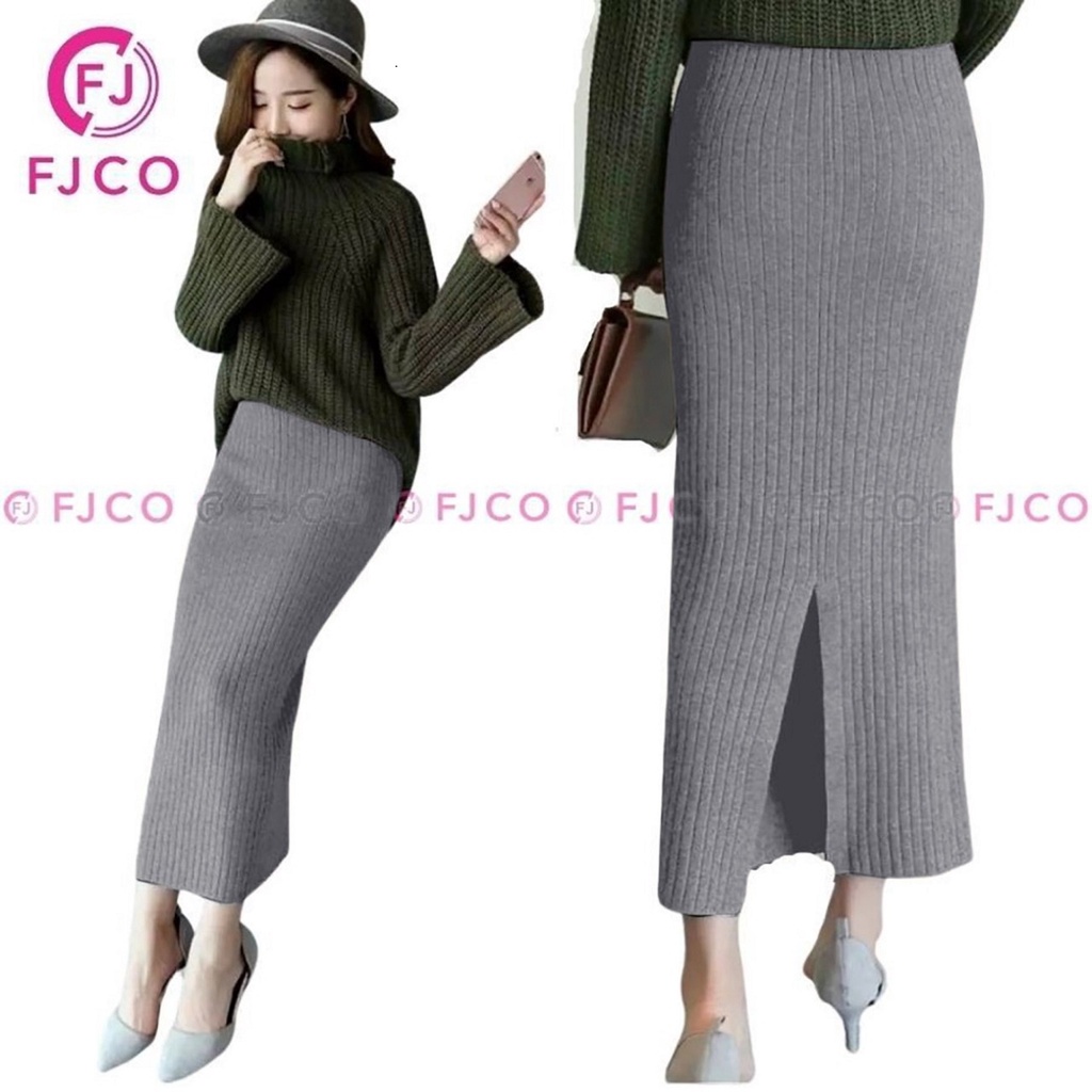 FJCO - Rok Panjang Wanita Rok Span Model Korea Terbaru Rok Rib Jessy Rok Plisket-abu