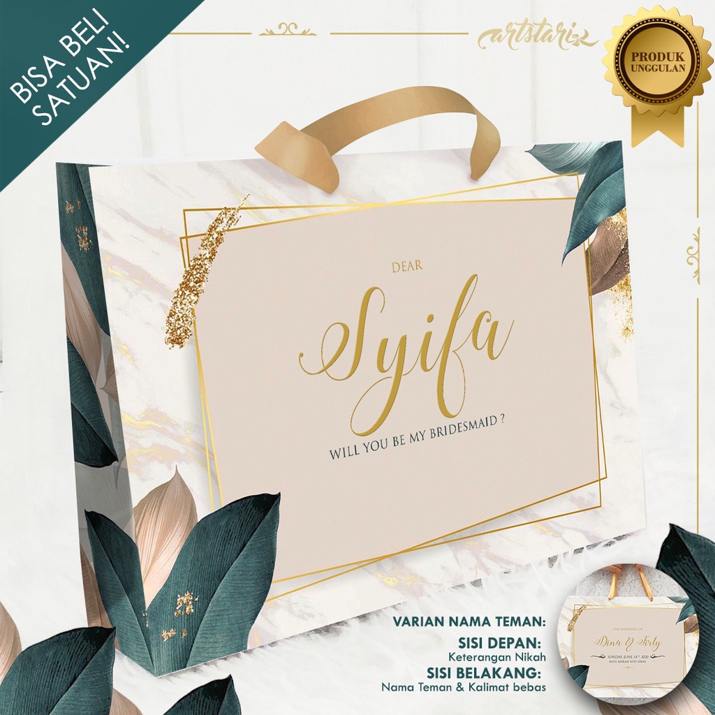 

Paperbag Bridesmaid DAUN HIJAU TOSCA / RUSTIC GOLD CUSTOM NAMA TEMAN