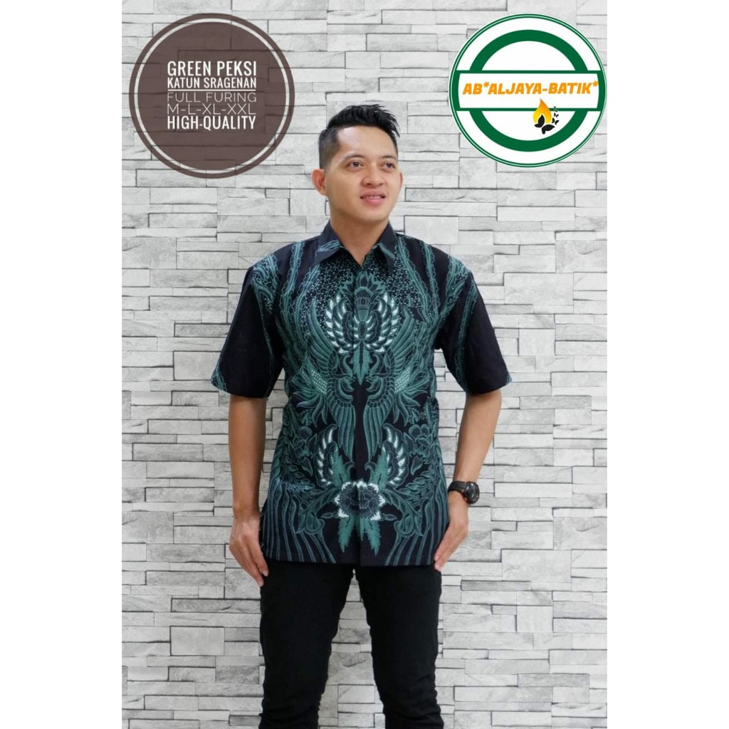 GREEN PEKSI Kemeja Batik Pria Lengan Pendek Katun Halus FULL FURING Batik Aljaya