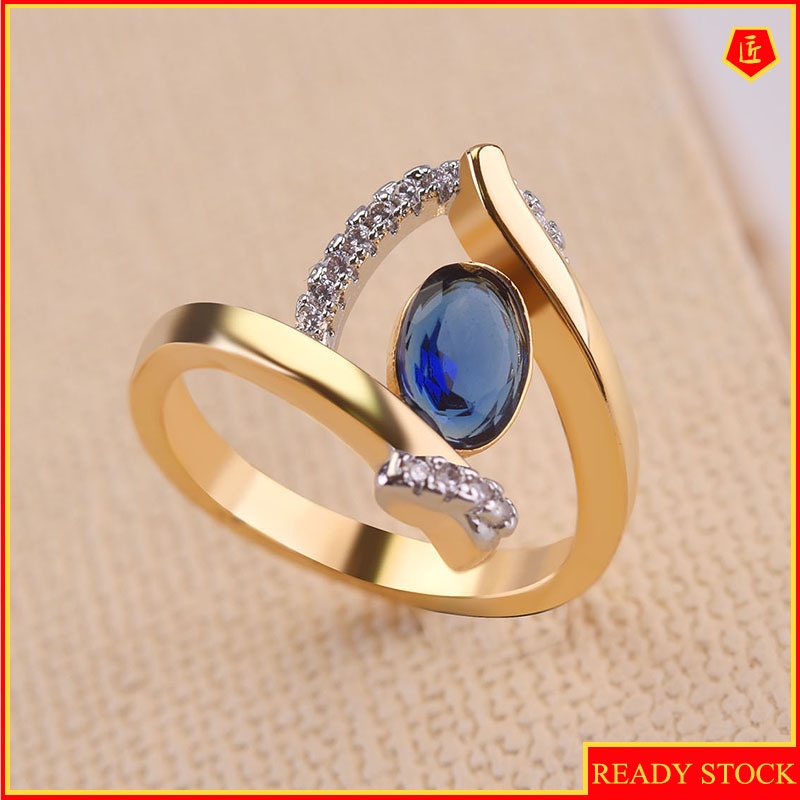 [Ready Stock]18K Gold Inlaid Sapphire Two-Tone Ring Creative Personality