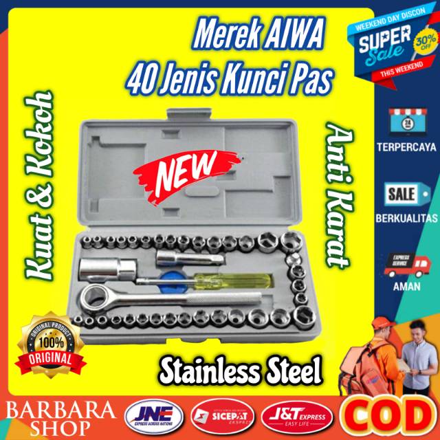 Kunci Sok 40 in 1 Multifungsi Merek AIWA Peralatan Tools Mobil Motor Bekakas Kunci Set Stainless