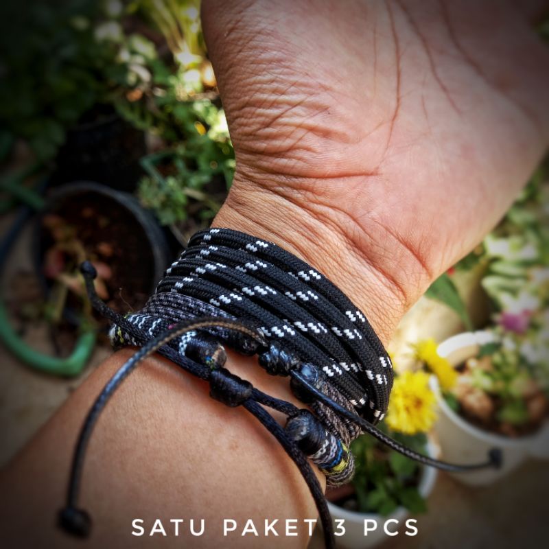 Gelang Pria Keren Hitam Paket Set Paracord Etnik Carabiner Cowok Laki Gantungan Charm Liontin Pendant Sayap Premium Murah