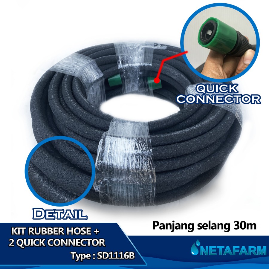 Rubber Hose Selang Air Karet Hitam 30m+2 Quick Konektor SD1116B -1set