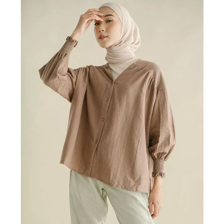 MOANA Blouse Atasan Wanita Oversize Jumbo Crinkle Airflow Premium Kerah V Neck Full Kancing Depan Lengan Kerut OOTD Kekinian Remaja Dewasa