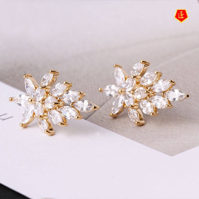 [Ready Stock]New Creative Leaves Bright Crystal Stud Earrings