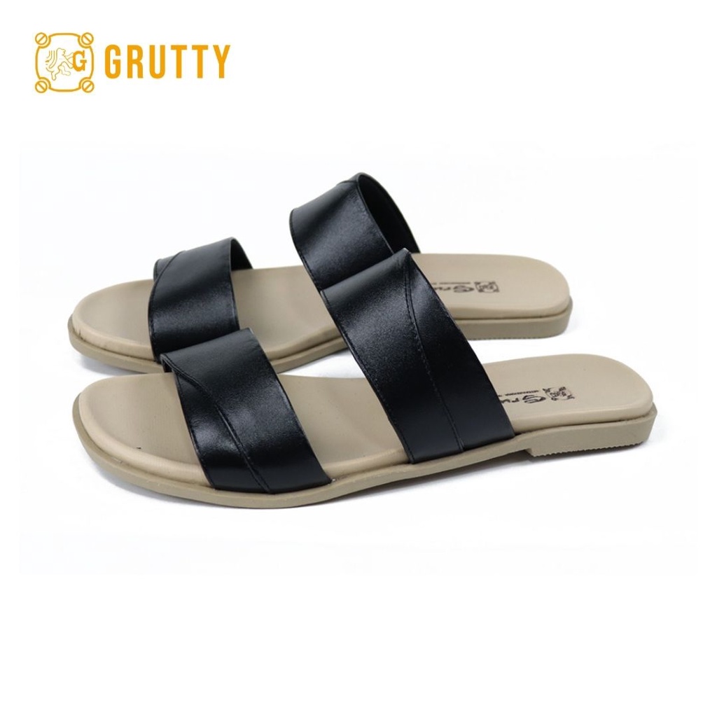 Sandal Wanita Kulit Slide Sandal Flat Grutty DD122 Hitam Tan