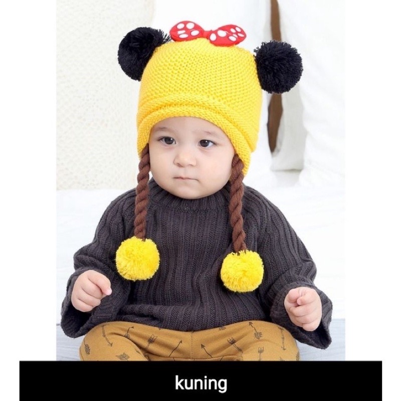 Topi Rajut kepang anak model Mickey Mikey pita