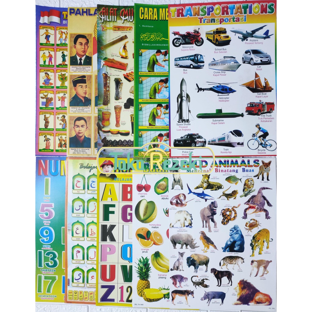 Poster edukasi anak untuk belajar huruf hijaiyah, huruf, angka, hewan, buah, transportasi, dll