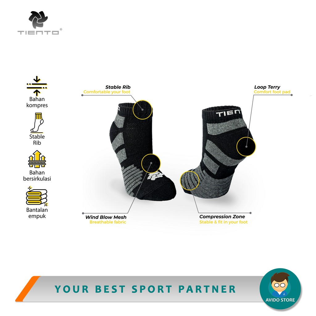 Tiento Short Compression Ankle Socks Black Kaos Kaki Olahraga Pendek Anti Bakteri Kaos Kaki Ketat